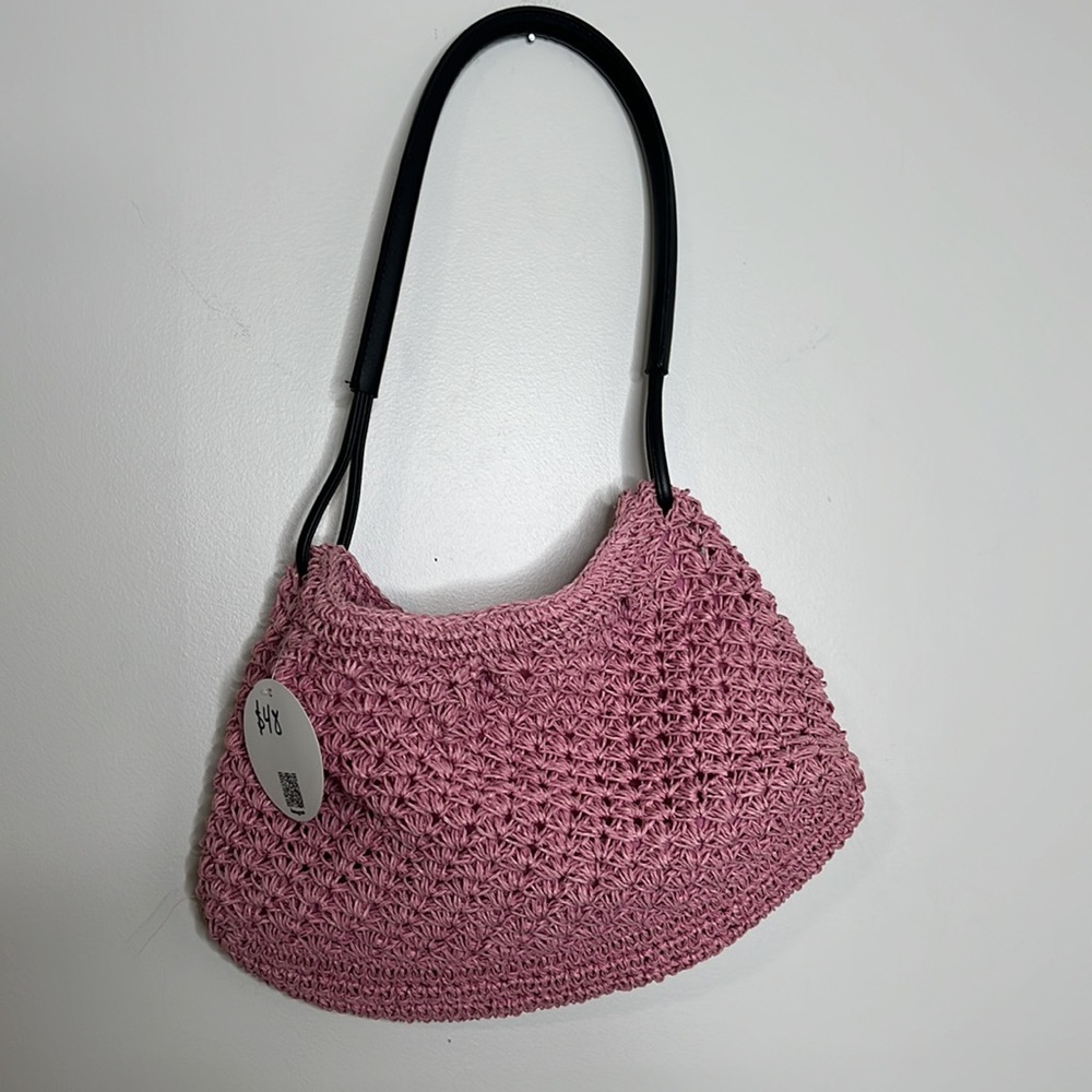 Elegant Pink Textured Women's Bag with black strap crochet open bag